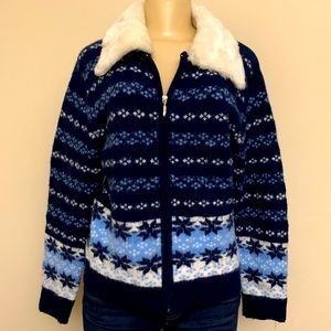 Snowflakes wool collard lightweight sweater Sz PXL